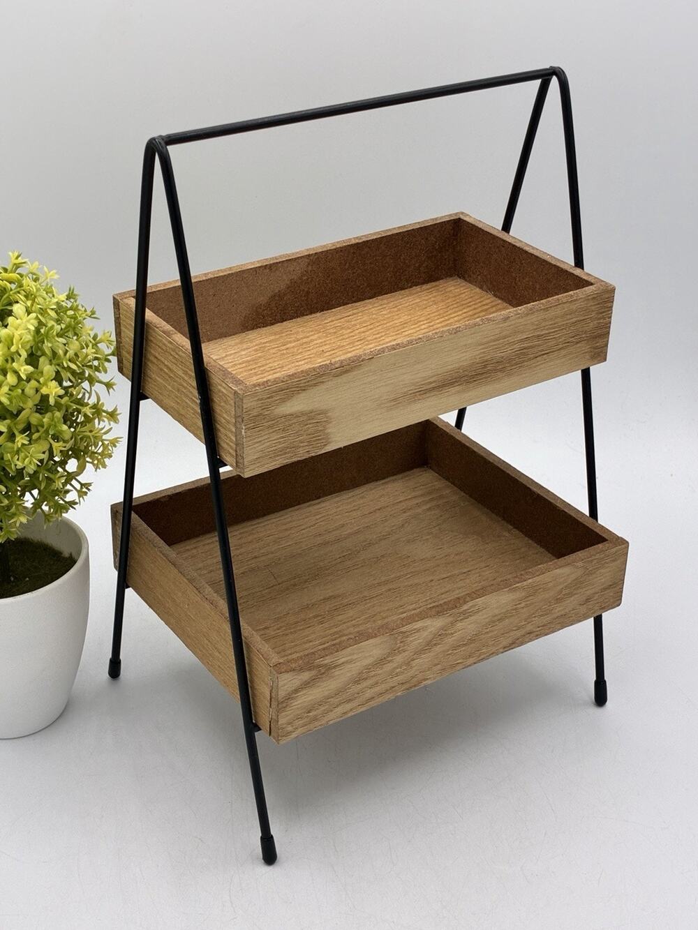 Farmhouse 2-Tier Wood Storage Caddy Black Metal Frame Kitchen Organizer
